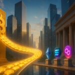 A bright, cinematic cityscape shows a gleaming gold Bitcoin monolith sending a luminous stream across a glassy skybridge toward a neoclassical plaza where the Ethereum, Solana, Polygon, Avalanche, and Base logos stand on stone plinths beside towering financial skyscrapers.