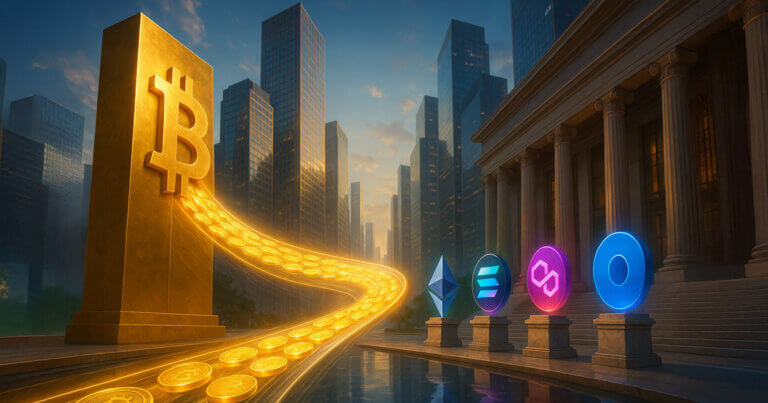 A bright, cinematic cityscape shows a gleaming gold Bitcoin monolith sending a luminous stream across a glassy skybridge toward a neoclassical plaza where the Ethereum, Solana, Polygon, Avalanche, and Base logos stand on stone plinths beside towering financial skyscrapers.