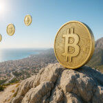 midday scene of a matte-gold Bitcoin coin sharply detailed on a rugged mountaintop above a sunlit coastal city, with smaller ETH, SOL, and BNB coins arcing upward through the clear sky to suggest a powerful price climb.