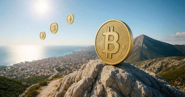 midday scene of a matte-gold Bitcoin coin sharply detailed on a rugged mountaintop above a sunlit coastal city, with smaller ETH, SOL, and BNB coins arcing upward through the clear sky to suggest a powerful price climb.