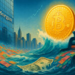 A luminous Bitcoin rises like a golden sun over a bright teal-and-amber Manhattan skyline with the JPMorgan logo on a glass tower, while a wave of vividly colored, dissolving banknotes rushes from a churning money printer toward the city, symbolizing currency debasement and Bitcoin’s appeal.