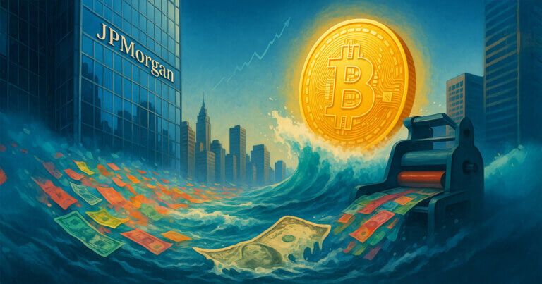 A luminous Bitcoin rises like a golden sun over a bright teal-and-amber Manhattan skyline with the JPMorgan logo on a glass tower, while a wave of vividly colored, dissolving banknotes rushes from a churning money printer toward the city, symbolizing currency debasement and Bitcoin’s appeal.
