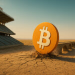 A cinematic 16:9 scene shows a bright stadium and an incomplete stone bridge in a sunlit desert as a large orange Bitcoin emblem erupts from cracked ground, kicking up dust and casting a long shadow under a clear turquoise sky.