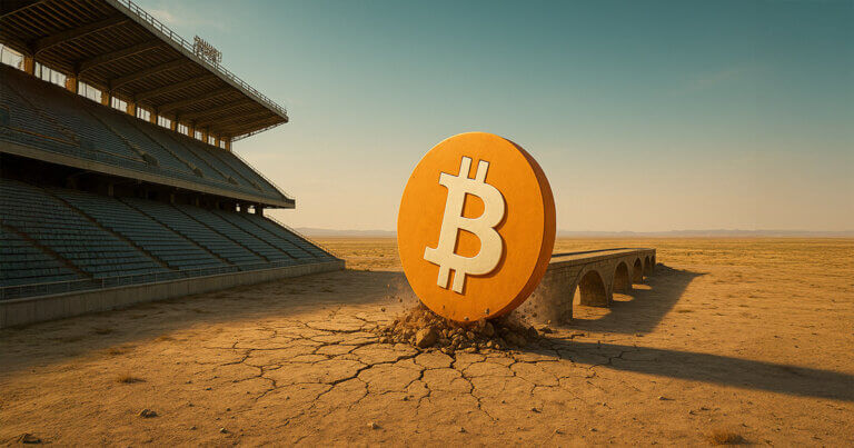A cinematic 16:9 scene shows a bright stadium and an incomplete stone bridge in a sunlit desert as a large orange Bitcoin emblem erupts from cracked ground, kicking up dust and casting a long shadow under a clear turquoise sky.