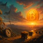a blazing golden Bitcoin rising over a distant city at sunrise as a cracked stone dollar monolith erodes on a windswept ridge, an old steel yield gauge sinks into the dirt, and carts brimming with coins follow a luminous path through teal–amber–magenta skies toward the radiant coin.