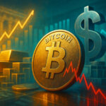 a dipping red Bitcoin chart with rising gold bars and a looming dollar symbol, capturing risk-off pressure amid a still-bullish debasement narrative.
