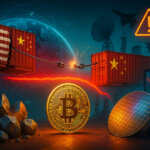 A glowing gold Bitcoin sits below a sharp red price line as rare-earth rocks, a brightly lit semiconductor wafer, and split U.S.–China shipping containers strain against a snapping cable over a world map, suggesting export controls and widening decoupling dragging risk assets lower.