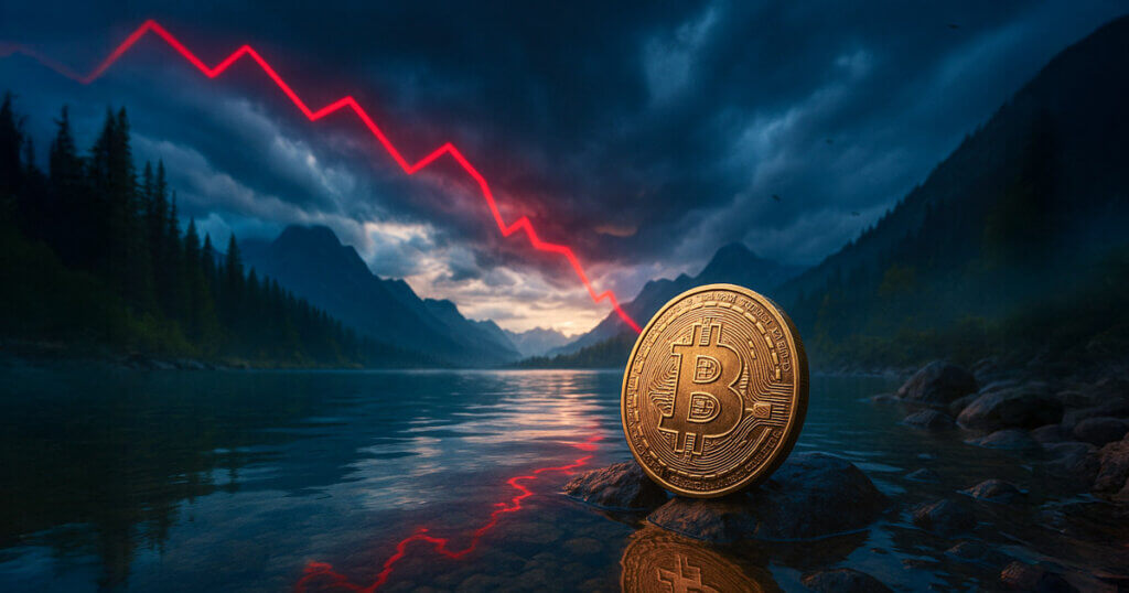 a golden Bitcoin resting on a wet river rock under a gloomy mountain sky as a red chart line cuts downward across the clouds and reflects on the water, signaling the fade from $115K to below $112K.