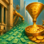 a flowing green stream of stylized dollar bills surging down Wall Street into a matte-gold funnel overflowing with Bitcoin coins under warm morning light.