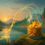a glass jar by a mountain lake at sunrise filling with streaming gold Bitcoin tokens as translucent green-and-red volume bars shimmer from the water.