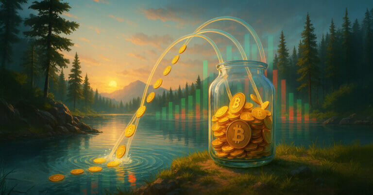 a glass jar by a mountain lake at sunrise filling with streaming gold Bitcoin tokens as translucent green-and-red volume bars shimmer from the water.