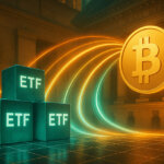 Glowing teal ETF cubes on a trading-grid send bright gold-teal flow arcs toward a radiant Bitcoin before a subtle Wall Street facade and Federal Reserve seal.