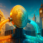 a giant golden Bitcoin receiving thick teal-blue inflows from a London exchange skyline while thinner amber streams exit toward Wall Street, symbolizing shifting ETF and ETN capital currents.