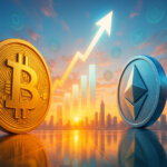 monumental Bitcoin and Ethereum symbols gleaming at sunrise over a vibrant city, with abstract upward shapes and softly blurred crypto icons suggesting a bright market rebound.