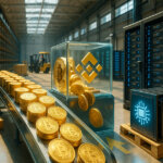 data center shows stacks of gold Bitcoins moving along a conveyor into a clear Binance vault beside gleaming AI GPU racks, symbolizing miners selling reserves while pivoting to high-performance computing.
