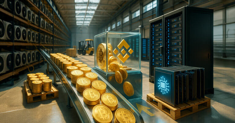data center shows stacks of gold Bitcoins moving along a conveyor into a clear Binance vault beside gleaming AI GPU racks, symbolizing miners selling reserves while pivoting to high-performance computing.
