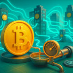 A bright, cinematic scene shows a matte Bitcoin coin feeding a thin trickle into a pipeline with a low gauge while glowing teal flow lines link quiet exchange buildings in the background.