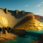 A bright 16:9 cinematic scene shows a massive concrete dam with only a thin stream of Bitcoin coins trickling from its steel outflow pipes while a reservoir of gold coins pools behind it under a clear blue sky.
