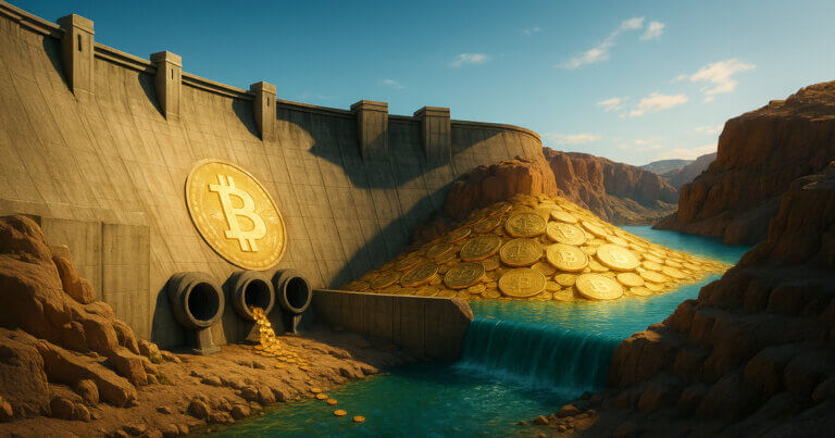 A bright 16:9 cinematic scene shows a massive concrete dam with only a thin stream of Bitcoin coins trickling from its steel outflow pipes while a reservoir of gold coins pools behind it under a clear blue sky.