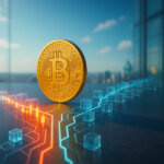 Ultra-realistic high-key scene of a gleaming gold Bitcoin standing at the junction of a branching blockchain made of translucent blue cubes and glowing green-red candlesticks, symbolizing a potential soft fork inside a bright glass-walled tech atrium.