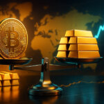 A gleaming balance scale in a bright, modern vault holds a large gold Bitcoin coin level with a stack of gold bars, set against a teal-and-gold world map and rising chart line.