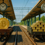 Two sunlit rail tracks at a realistic station carry a giant Bitcoin coin on one flatbed and a stack of gold bars on the other beneath offset clocks, highlighting their bright, divergent timelines.