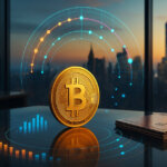 A bright, cinematic boardroom scene frames a glowing Bitcoin coin with holographic option arcs and stacked contract tiles against a Manhattan skyline, conveying a massive, orderly options market.