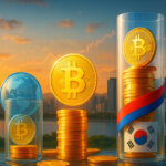 Seoul’s skyline as two glass columns of glowing Bitcoin coins—one with a red-blue Taegeuk band and taller than a globe-themed column—implying Korea’s “kimchi premium” front-running BTC.