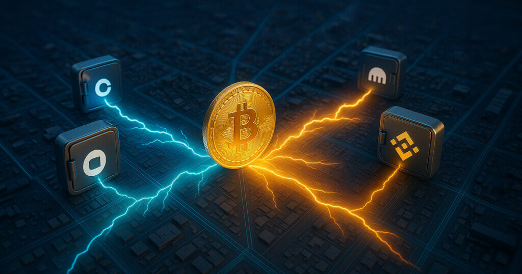 aerial city grid features a gleaming Bitcoin at center sending crisp blue and amber Lightning currents into sleek vault-like portals bearing Coinbase, OKX, Kraken, and Binance logos with bright, high-key lighting and vivid contrast.