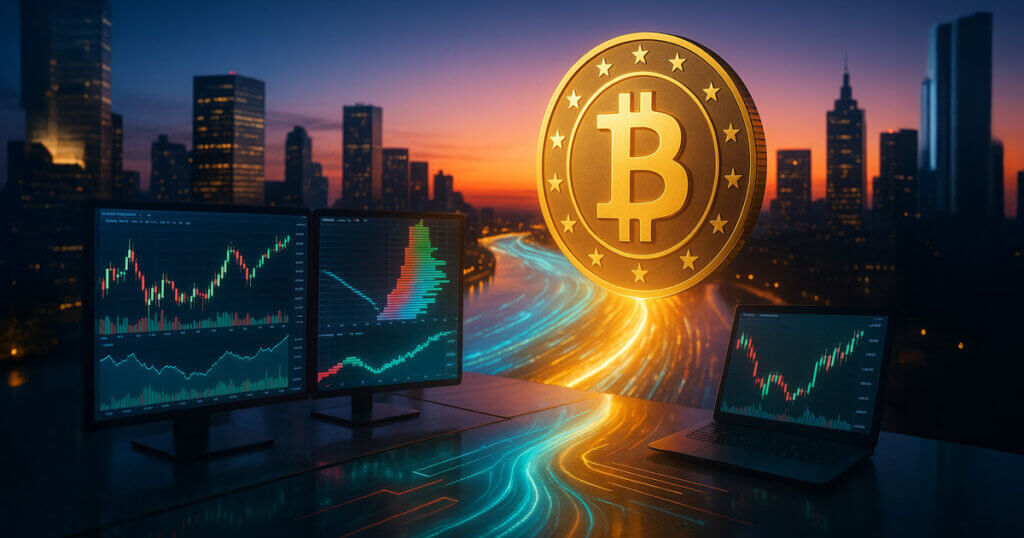A photorealistic trading desk at dusk shows river-like streams of glowing liquidity flowing through a skyline toward a large Bitcoin coin, while monitors display active market depth and price action.