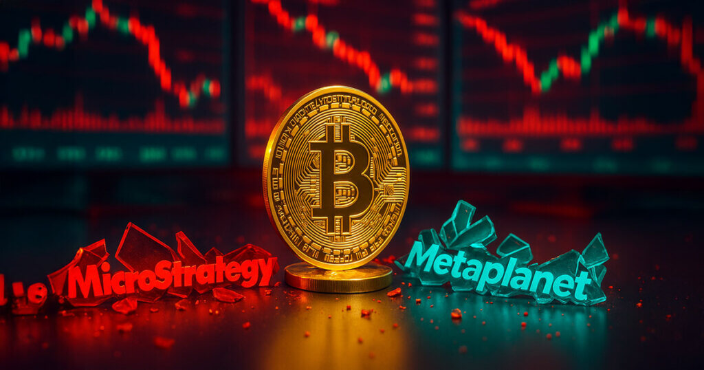 A gleaming Bitcoin stands on a bright trading desk between shattered red MicroStrategy and teal Metaplanet logos, with vivid red-and-green market screens plunging in the background.