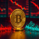 A gleaming Bitcoin stands on a bright trading desk between shattered red MicroStrategy and teal Metaplanet logos, with vivid red-and-green market screens plunging in the background.