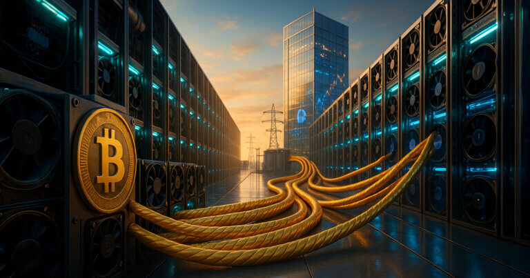 long rows of teal-lit Bitcoin mining rigs feeding thick golden cables toward a gleaming glass finance tower, symbolizing a debt-fueled zetahash era.