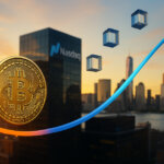 cityscape at sunset features a gleaming Bitcoin coin and dynamic orange-blue valuation curves in front of the Nasdaq building, symbolizing Bitcoin’s 30% discount against tech market fair value without text or people.