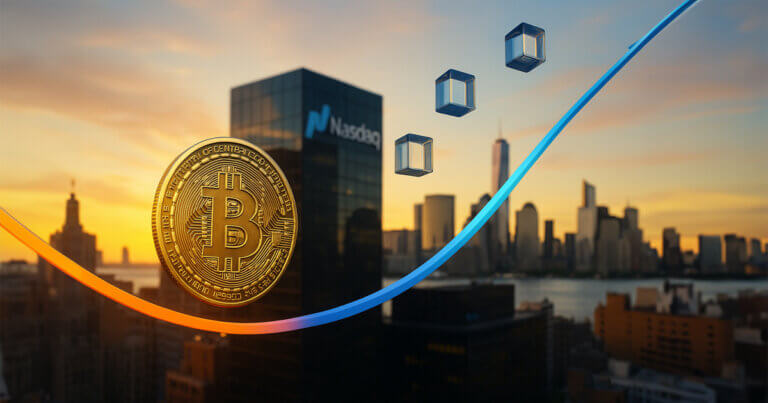 cityscape at sunset features a gleaming Bitcoin coin and dynamic orange-blue valuation curves in front of the Nasdaq building, symbolizing Bitcoin’s 30% discount against tech market fair value without text or people.