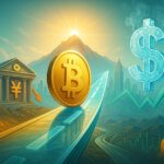 a golden Bitcoin rolling up a luminous path as an oil barrel and red arrows fall left, an icy dollar symbol cools right with downward DXY lines, and a Japanese central bank facade with a yen sign hints at easing policy under bright teal and gold skies.