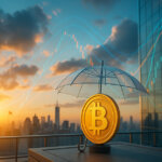 rooftop scene at sunrise shows a gleaming Bitcoin coin under a transparent umbrella with vivid blue and orange volatility curves reflected in nearby glass towers, set against a sweeping city skyline and no text or people.