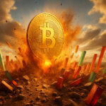 shows a colossal gold Bitcoin erupting from scorched earth as fiery debris and dust explode outward under storm-lit skies pierced by golden sunlight.