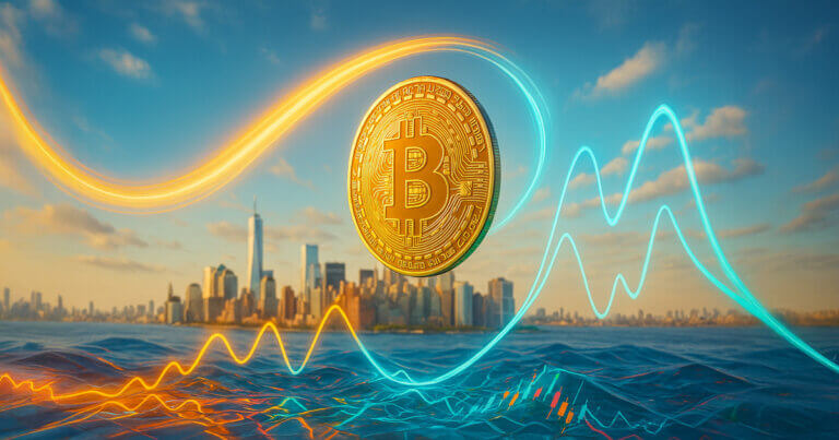 a gleaming Bitcoin coin suspended over a sunlit cityscape as intertwined warm-gold and cool-teal light waves surge and plunge across a reflective surface with subtle candlestick reflections, evoking tense anticipation without using arrows or text.