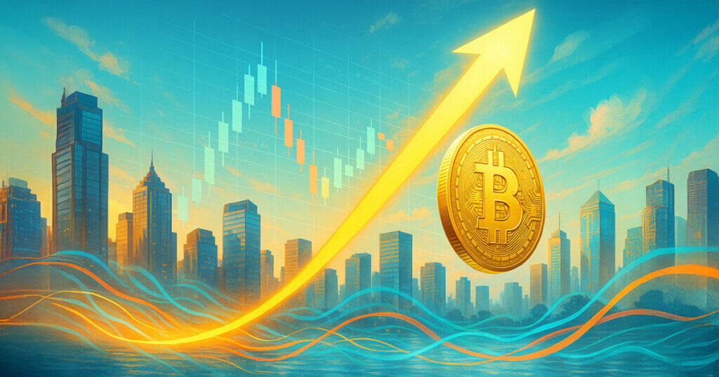 A bright, daylight city skyline frames a large gold Bitcoin rising along a glowing upward arrow with candlestick charts and colorful flow lines suggesting mounting market momentum.