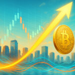 A bright, daylight city skyline frames a large gold Bitcoin rising along a glowing upward arrow with candlestick charts and colorful flow lines suggesting mounting market momentum.