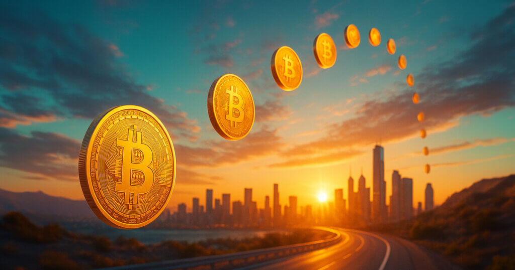 over a bright weekend city and winding highway with a dynamic arc of gleaming Bitcoin coins rising left-to-right, saturated golds, teals, and warm sky hues conveying optimistic momentum.