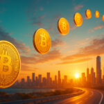 over a bright weekend city and winding highway with a dynamic arc of gleaming Bitcoin coins rising left-to-right, saturated golds, teals, and warm sky hues conveying optimistic momentum.