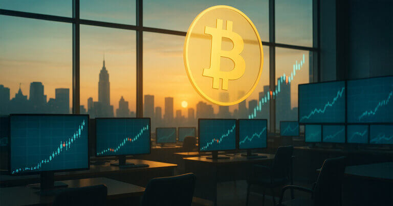 A bright, cinematic dawn-lit trading room with an oversized translucent Bitcoin symbol and quiet rows of monitors showing a steady upward price trend over a calm city skyline.