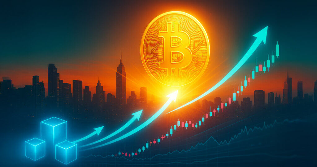 Cinematic sunrise over a city skyline with a radiant Bitcoin rising as teal inflow arcs and bullish candlesticks surge upward, signaling momentum toward a potential $200K rally.