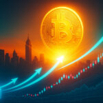 Cinematic sunrise over a city skyline with a radiant Bitcoin rising as teal inflow arcs and bullish candlesticks surge upward, signaling momentum toward a potential $200K rally.