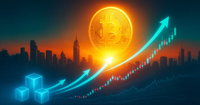 Cinematic sunrise over a city skyline with a radiant Bitcoin rising as teal inflow arcs and bullish candlesticks surge upward, signaling momentum toward a potential $200K rally.