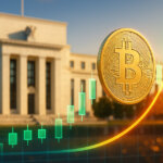 A luminous, hyperrealistic 16:9 scene shows a golden Bitcoin rising along a bright rebound curve in front of the Federal Reserve building on a clear autumn day, with vivid teal-and-amber candlesticks visually retracing to a mid-level, symbolizing a recovery on rate-cut hopes.