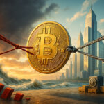 A hyperrealistic 16:9 outdoor scene at golden hour: a giant gold Bitcoin is stretched between frayed crimson climbing ropes yanking from a storm-lashed cliff with crashing teal waves and toppled red dominoes, and thick steel mooring cables anchoring it to a vault on a sunlit waterfront skyline, with bright cinematic rays cutting through dramatic clouds.