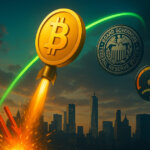 A bright 16:9 cinematic skyline shows a blazing gold Bitcoin rocketing along a neon green arc as shattered red short arrows tumble below beside a glowing Federal Reserve seal and rate-cut gauge.
